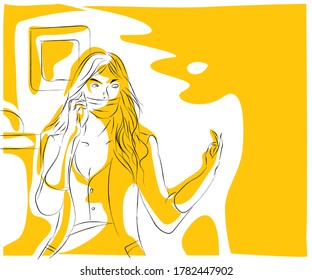 Woman with medical mask on the phone, vector sketch