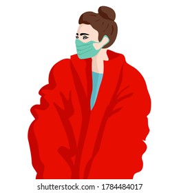 
Woman in medical mask and oversize coat. Vector illustration on the theme of coronavirus. Drawn in a minimalist style with shadows.