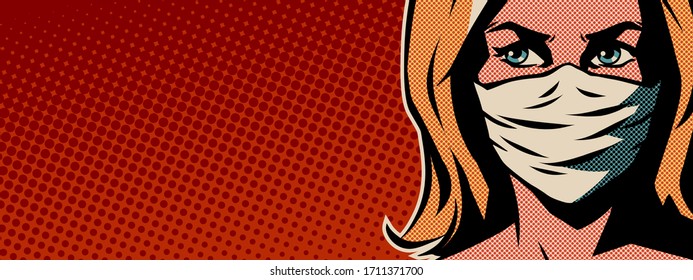 Woman in medical mask. Pop art vector illustration.