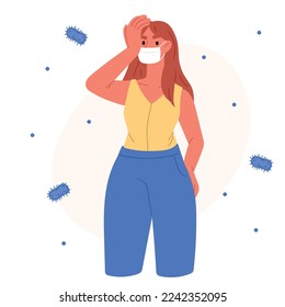 Woman in medical mask protects herself from germs. Disease prevention. Flat vector illustration