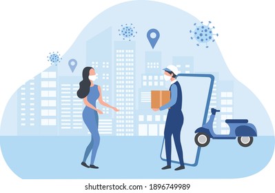 Woman with medical mask receiving parcel box from delivery man vector illustration.  Covid-19 prevention, delivery service, courier goods shipping, food online ordering, online shopping concept