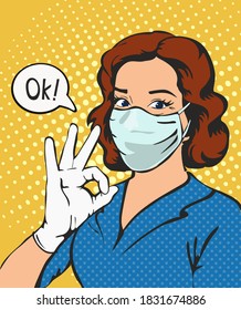 Woman with medical mask and rubber gloves okay gesture. Female shows ok sign pop art style. Virus protection comic book concept