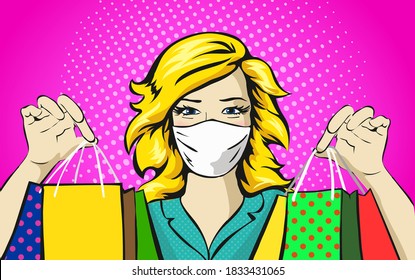 Woman with medical mask shopping sale concept Pop art discounts retro style vector. Virus, quarantine, epidemic safety illustration