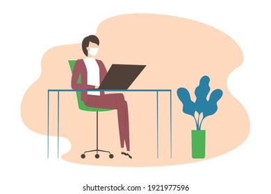 Woman In Medical Mask Sitting At Desk And Working On Computer. Vector Illustration.