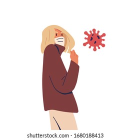 Woman in medical mask standing near virus bacteria isolated on white. Girl fight with disease. Epidemic preventive measures. Coronavirus pandemic protection. Vector illustration in flat cartoon style