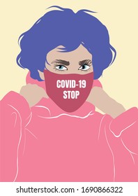 Woman in medical mask. Stop coronavirus. Covid-19 virus protection. Hand drawn trendy portrait of a young hipster girl with colorful hair. 