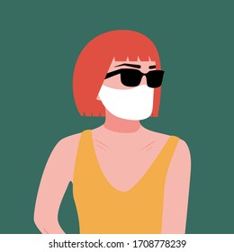 Woman in medical mask. Stop coronavirus concept. Covid-19 virus protection compliance with quarantine. Hand drawn trendy portrait of a young hipster girl. Vector illustration