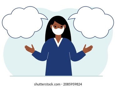 A woman with a medical mask is trying to make the right decision. Left and right are empty bubbles. Comparison of the two solutions. Vector flat illustration