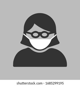 Woman in medical mask vector icon. Person female with glasses wearing protective mask. Protection against coronavirus covid 19. Simple isolated pictogram.