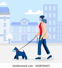 woman in medical mask walking with dog flat concept vector illustration. Animal owner walks with his pet in the city street during quarantine. Social health and outbreak prevention masks.