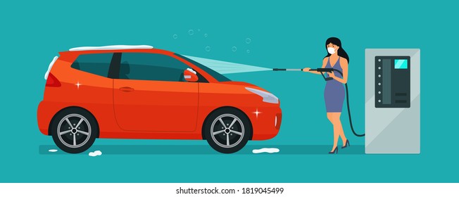 A woman in medical mask washes a car in a self-service car wash. Vector illustration.