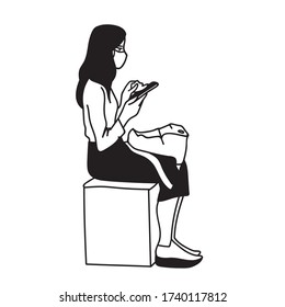 Woman in medical mask wipes the phone with antiseptic cloth. Pandemic, epidemic concept. Monochrome vector illustration of masked girl sitting with phone in sketch style isolated on white background.