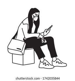 Woman in medical mask wipes the phone with antiseptic cloth. Monochrome vector illustration of masked girl sitting with phone in sketch style isolated on white background. Pandemic, epidemic concept.