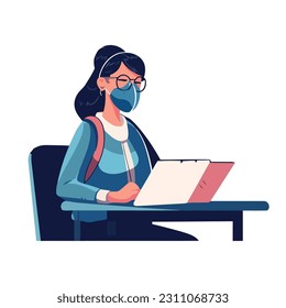 woman with medical mask working at laptop icon isolated