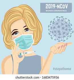 Woman with medical maskand fever. Coronavirus disease, Covid-19. Vector