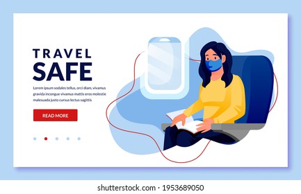 Woman In Medical Protection Masks Travel By Airplane. Female Passenger Sitting And Reading In Plane. Vector Cartoon Character Illustration. Air Travel New Rules, Healthy And Safe Flight Concepts