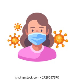 Woman in medical surgical mask. Virus protection flat illustration. Red and orange coronavirus floating in the air