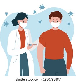 A woman medical worker is injecting a patient, giving a coronavirus vaccine to an young man. Process of immunization against covid-19. Isolated flat vector illustration with characters.