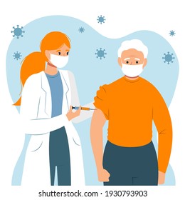 A woman medical worker is injecting a patient, giving a coronavirus vaccine to an elderly man. Process of immunization against covid-19. Isolated flat vector illustration with characters.