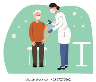 A woman medical worker is injecting a patient, giving a coronavirus vaccine to an elderly man. Vector coronavirus vaccination concept. Process of immunization against covid-19. Flat illustration.