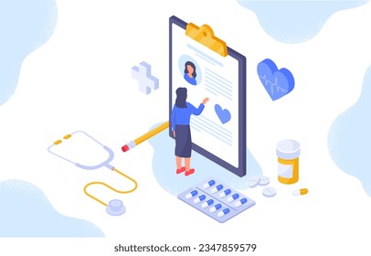 Woman with medicine and healthcare. Young girl near document and contract. Diagnosis and treatment. Character near pills and tablets. Stethoscope and pencil. Cartoon isometric vector illustration