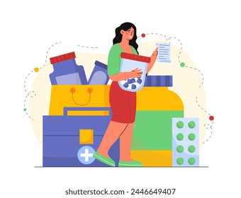 Woman with medicines. Young girl standing near pills and drgs. Pharmacy for health care and treatment. Patient with prescription. Cartoon flat vector illustration isolated on white background