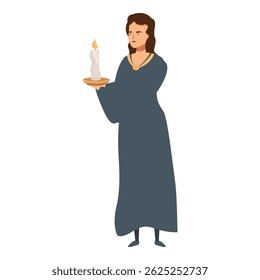 Woman in medieval clothing holding a lit candle on a plate