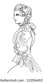 Woman in medieval dress with frill, beautiful hairdo, attire for ball, retro style, minimalism, single continuous line, countess