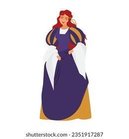 Woman in medieval dress. Traditional female clothing in medieval society cartoon vector illustration