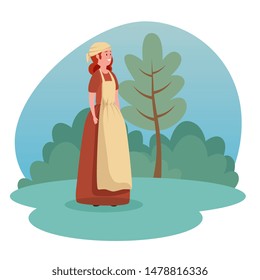 woman medieval peasant with tree and bushes plants