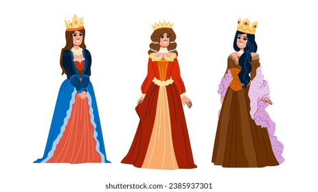 woman medieval queen vector. old fantasy, princess gold, white jewelry woman medieval queen character. people flat cartoon illustration