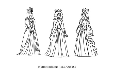 woman medieval queen vector. old fantasy, princess gold, white jewelry woman medieval queen character. people black line pencil drawing illustration