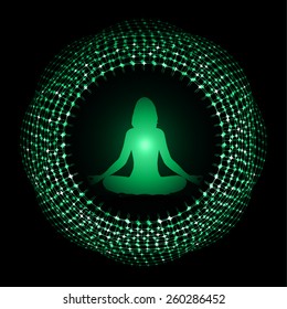 woman meditate abstract dark green radius background, yoga. circle wave