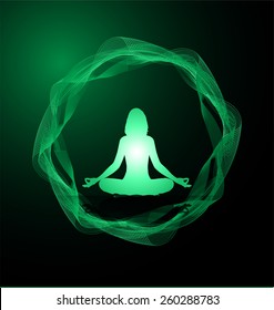 woman meditate abstract dark green radius background, yoga. circle wave