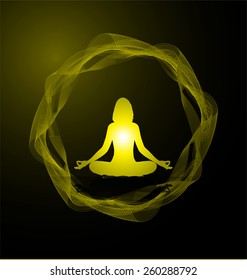 woman meditate abstract yellow radius background, yoga. circle wave