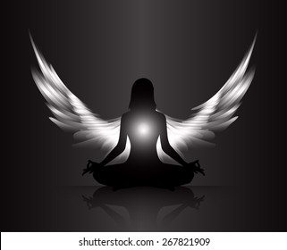 woman meditate black abstract radius background, yoga. angel wings