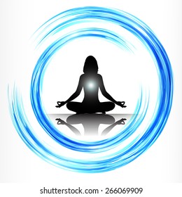 woman meditate blue abstract circle background, yoga. white background.