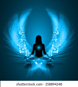 woman meditate blue abstract radius background, yoga. angel wings