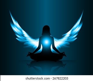 woman meditate blue abstract radius background, yoga. angel wings