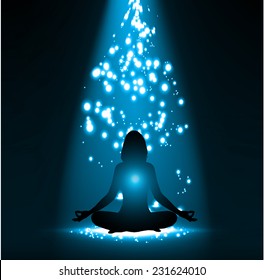woman meditate blue abstract stage lighting effects background, yoga.  