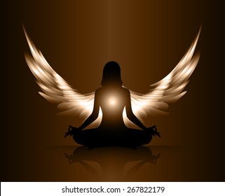 woman meditate brown abstract radius background, yoga. angel wings