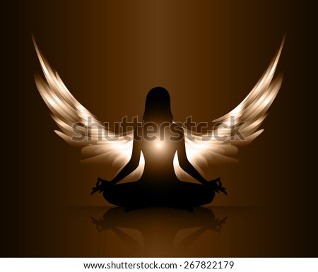 woman meditate brown abstract radius background, yoga. angel wings