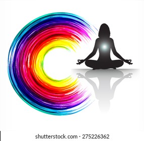 woman meditate colorful abstract radius background, yoga.