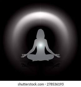 woman meditate dark black abstract circle background, yoga. black background.