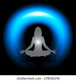 woman meditate dark blue abstract circle background, yoga. black background.
