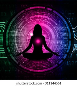 woman meditate dark blue green pink circle abstract background, yoga.