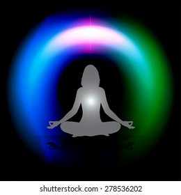 woman meditate dark blue pink green abstract circle background, yoga. black background.