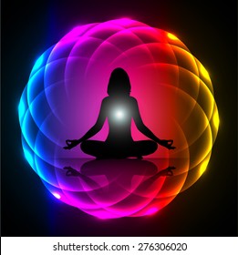 woman meditate dark blue yellow red pink abstract circle background, yoga. black background.