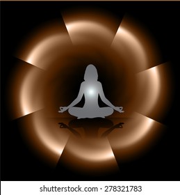 woman meditate dark brown abstract circle background, yoga. black background.