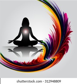 woman meditate dark colorful circle abstract background, yoga.